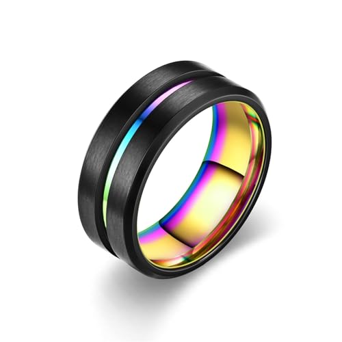 Whoiy Verlobungsring Ring Schwarz Mehrfarbig mit Gravur, Edelstahl Ringe Mittelrille Matt Ausgefallene Eheringe 8MM für Herren Größe 62 (19.7) von Whoiy