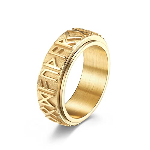 Wikinger Kostüm Damen, Trauringe mit Gravur Edelstahl Gold Drehbarer Spinnerring mit Wikingerschrift für Männer 54 (17.2) Kostenlos Gravieren von Whoiy