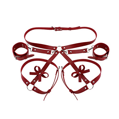 Wholede Damen Sex Bondage Punk Leder Harness Strumpfband Mit,BDSM Harness mit Bogen Kit Fesselset für Paare Frauen Fesseln Spielzeug mit 2 Handgelenksmanschetten und Oberschenkelmanschetten von Wholede