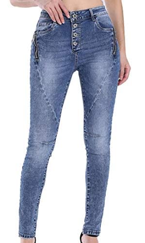 Damen SkinnyJeans Denim Zipper Zip Flowers Pastell Boyfriend Style (L, Jewelly Denim Zipper) von Wholefashion