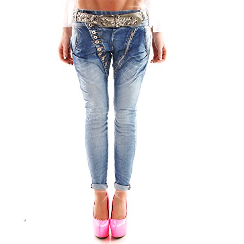 Damen SkinnyJeans Denim Zipper Zip Flowers Pastell Boyfriend Style (L, Zipper BLAU Denim) von Wholefashion