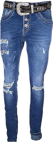 Damen SkinnyJeans Denim Zipper Zip Flowers Pastell Boyfriend Style (XL, Distressed Pailette) von Wholefashion