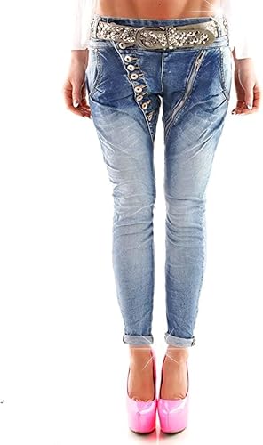 Damen SkinnyJeans Denim Zipper Zip Flowers Pastell Boyfriend Style (XL, Zipper BLAU Denim) von Wholefashion
