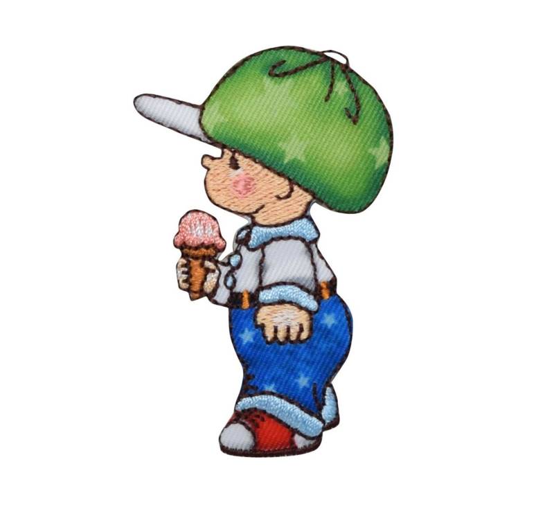Kleiner Junge Mit Grüner Mütze Und Overall, Der Eis Isst - Gesticktes Aufbügler Kleiner Junge Mit Grüner Mütze Und Overall, Der Eis Isst - Gesticktes Aufbügler von WholesaleApplique