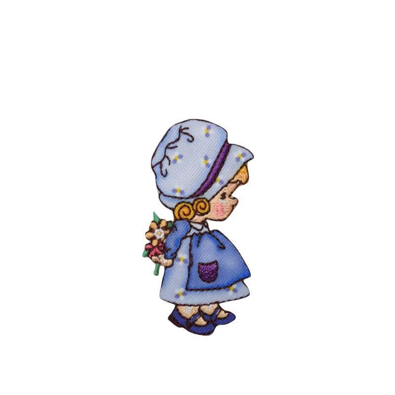 Kleines Mädchen Trägt Blaues Kleid Und Mütze Mit Blumen - Gesticktes Aufbügler Kleines Mädchen Trägt Blaues Kleid Und Mütze Mit Blumen - Gesticktes Aufbügler von WholesaleApplique