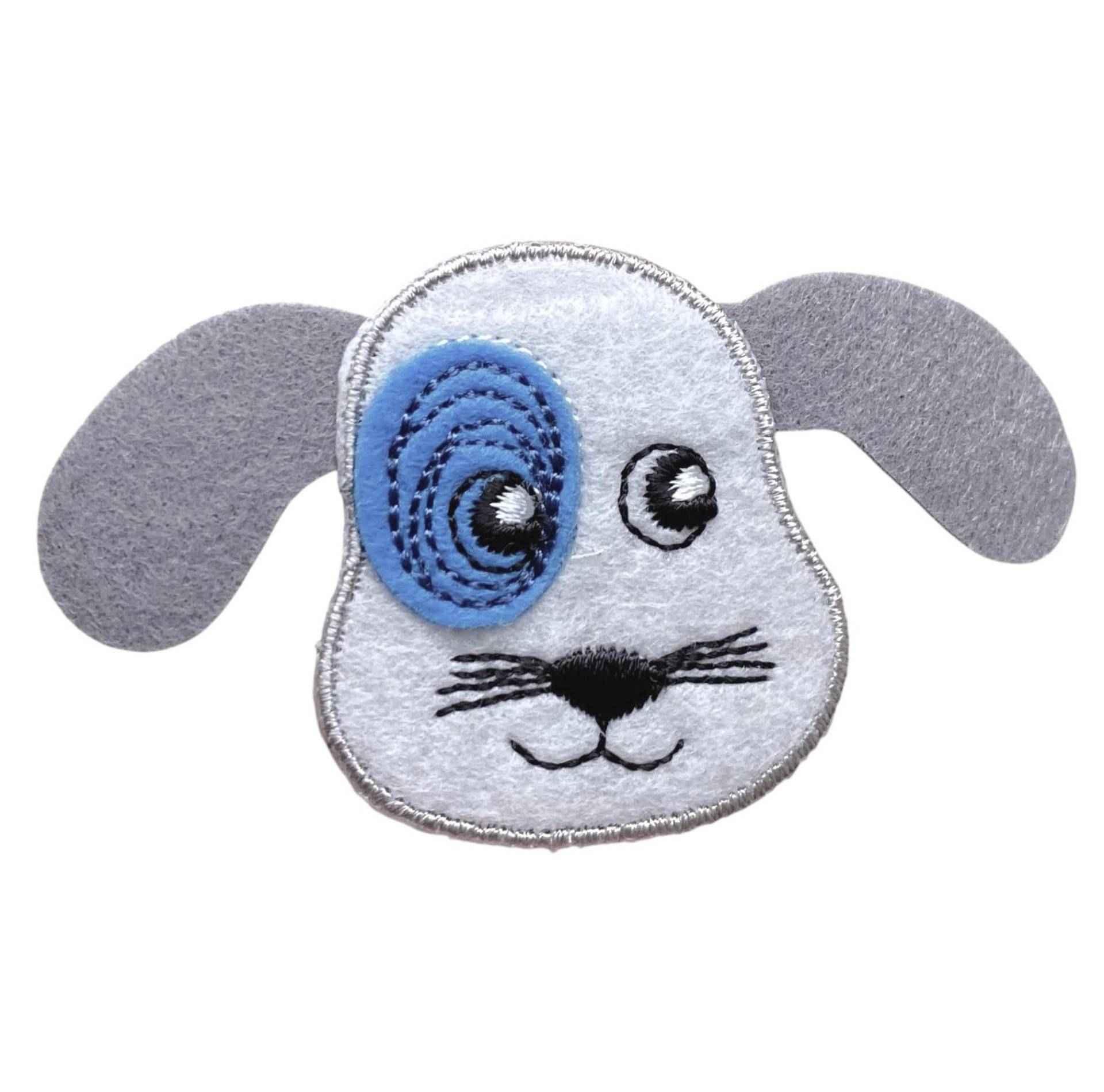 Welpe Hund Mit Blauer Augenklappe - Graue Ohren Gestickte Haustiere, Aufbügler von WholesaleApplique