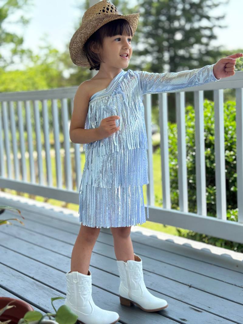 Disco Electric Cowgirl Boho Chic Rodeo Bereit One-Shoulder-Fransenkleid Für Freigeistige Kinder - in Verschiedenen Farben Und Ärmelvarianten von WholesomeGoodsCo