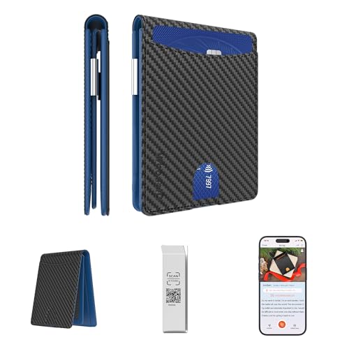Herren RFID Blocking Bifold Wallet Slim Minimalist Front Pocket Wallet mit Anti-Verlust-QR-Code Geldklammer 11+ Kartenfächer 2 Clear ID Fenster Herren Kreditkartenetui mit Geschenkbox, Carbon & Blau, von WhoseID