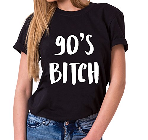 90´s Bitch Trendiges Damen T-Shirt Girlie Kurzarm Baumwolle mit Druck, Farbe:Schwarz;Größe:M von WhyKiki