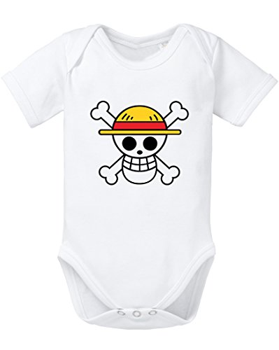 Ruffy Straw Hat Logo Baby Strampler Body Luffy Ruffy One Monkey Anime Piece Zoro, Farbe:Weiss;Größe:56 von Tee Kiki