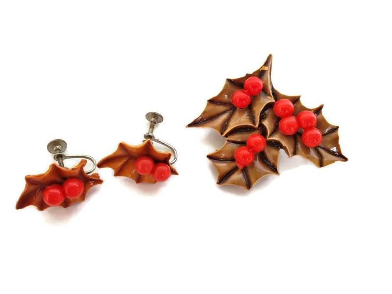 1970Er Jahre Schmuck Set Holly Beeren Brosche Und Ohrringe Herbst Für Frauen Broschen Emaille Pin von WhyWeLoveThePast