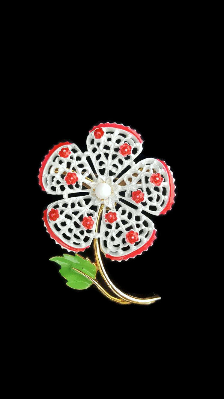 Blumen Brosche, Weiß, Rot, Emaille Pin, Blumenschmuck, Frühlingsblume, Anstecknadeln, Reversnadeln, Schmuck, 1950Er Jahre, Broschen, Schalhalter von WhyWeLoveThePast