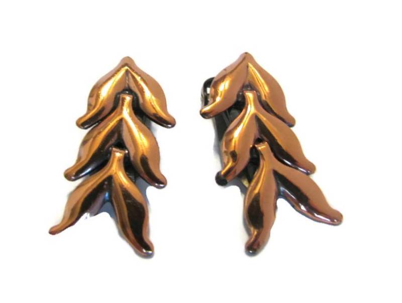 Renior Ohrclips Vintage Kupfer Ohrringe, Modernist Damen 1970Er Jahre Schmuck Chevron Design von WhyWeLoveThePast