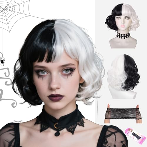WiDream Halb Schwarz Halb Weiß Cosplay Kurze, Cruella de Vil Perücke, Halb Schwarz Und Halb Weiß Kurzes Lockiges Haar, Cruella Perücke für Cosplay, Halloween, Karneval (Mit Clips und Haarnetze) von WiDream