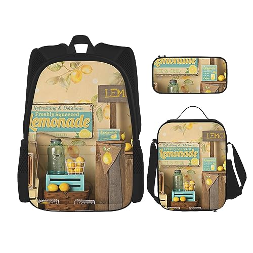 3-in-1-Rucksack-Set, Zitronengelb, Schultasche für Teenager, Mädchen, Damen, Laptop-Rucksack mit Lunch-Tasche, Federmäppchen, Schwarz , Einheitsgröße von WiNwon