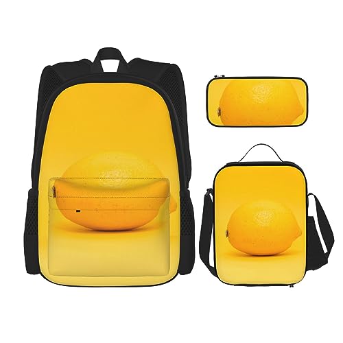 3-in-1-Rucksack mit Zitronengelbem Hintergrund, Schultasche für Teenager, Mädchen, Damen, Laptop-Rucksack mit Lunch-Tasche, Federmäppchen, Schwarz , Einheitsgröße von WiNwon