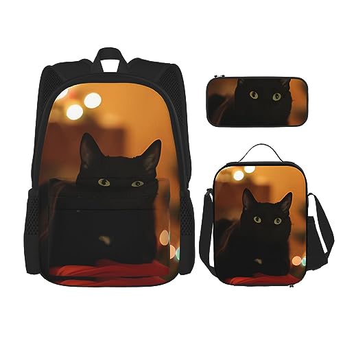 3-in-1-Rucksack mit schwarzer Katze, für Kinder, Schultasche für Teenager, Mädchen, Damen, Laptop-Rucksack mit Lunch-Tasche, Federmäppchen, Schwarz , Einheitsgröße von WiNwon