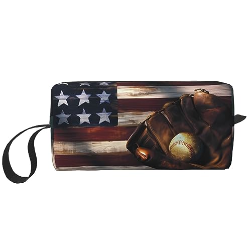 Amerikanische Flagge, Baseball-Make-up-Tasche, tragbare Kosmetiktasche, Reißverschluss, kleine Tasche, Handtasche, Reise-Kulturbeutel, Organizer, Aufbewahrungstasche für Frauen, weiß, Einheitsgröße von WiNwon