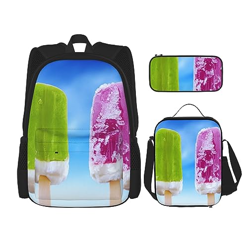 Four Popsicles Ice Cream Rucksack-Set, 3-in-1, Kinder-Schultasche für Teenager, Mädchen, Damen, Laptop-Rucksack mit Lunch-Tasche, Federmäppchen, Schwarz , Einheitsgröße von WiNwon