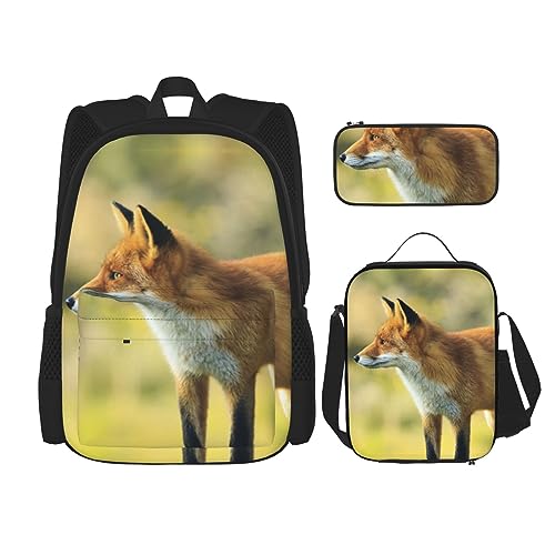 Fox-Rucksack-Set, 3-in-1, Kinder-Schultasche für Teenager, Mädchen, Damen, Laptop-Rucksack mit Lunch-Tasche, Federmäppchen, Schwarz , Einheitsgröße von WiNwon