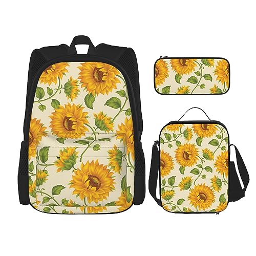 Fresh Sunflower Rucksack Set 3-in-1 Kinder Schultasche für Teenager Mädchen Damen Laptop Rucksack mit Mittagessen Tasche Federmäppchen, Schwarz , Einheitsgröße von WiNwon