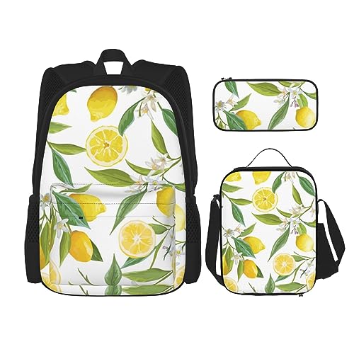 Fresh Tropical Lemons Rucksack-Set, 3-in-1, Kinder-Schultasche für Teenager, Mädchen, Damen, Laptop-Rucksack mit Lunch-Tasche, Federmäppchen, Schwarz , Einheitsgröße von WiNwon