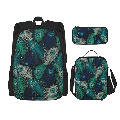 Frischer Pfau-Rucksack-Set, 3-in-1, Kinder-Schultasche für Teenager, Mädchen, Damen, Laptop-Rucksack mit Lunch-Tasche, Federmäppchen, Schwarz , Einheitsgröße von WiNwon