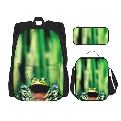 Frogs Sing Rucksack-Set, 3-in-1, Kinder-Schultasche für Teenager, Mädchen, Damen, Laptop-Rucksack mit Lunch-Tasche, Federmäppchen, Schwarz , Einheitsgröße von WiNwon