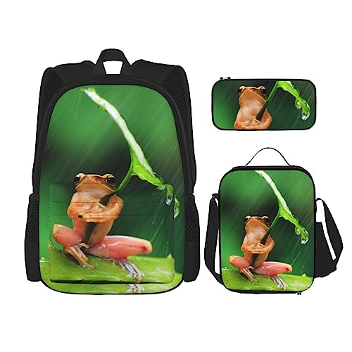 Frosch mit Blatt Regenschirm Rucksack Set 3-in-1 Kinder Schultasche für Teenager Mädchen Damen Laptop Rucksack mit Lunchtasche Federmäppchen, Schwarz , Einheitsgröße von WiNwon