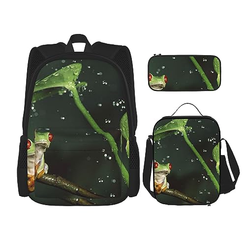 Frosch und Regen Rucksack Set 3-in-1 Kinder Schultasche für Teenager Mädchen Damen Laptop Rucksack mit Lunchtasche Federmäppchen, Schwarz , Einheitsgröße von WiNwon