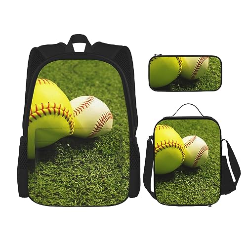 Gras-Baseball-Softball-Rucksack-Set, 3-in-1, Kinder-Schultasche für Teenager, Mädchen, Damen, Laptop-Rucksack mit Lunch-Tasche, Federmäppchen, Schwarz , Einheitsgröße von WiNwon