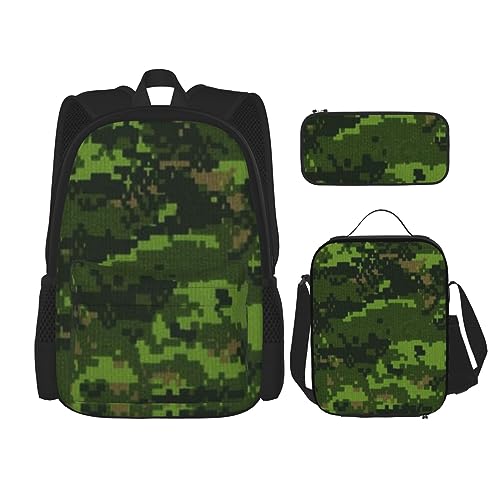 Green Army Digital Camouflage Rucksack Set 3-in-1 Kinder Schultasche für Teenager Mädchen Damen Laptop Rucksack mit Lunchtasche Federmäppchen, Schwarz , Einheitsgröße von WiNwon