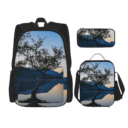 Green Trees by The Lake Rucksack-Set, 3-in-1, Kinder-Schultasche für Teenager, Mädchen, Damen, Laptop-Rucksack mit Lunch-Tasche, Federmäppchen, Schwarz , Einheitsgröße von WiNwon