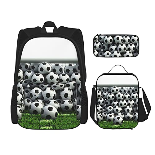 Grünes Fußballfeld-Rucksack-Set, 3-in-1, Kinder-Schultasche für Teenager, Mädchen, Damen, Laptop-Rucksack mit Lunch-Tasche, Federmäppchen, Schwarz , Einheitsgröße von WiNwon