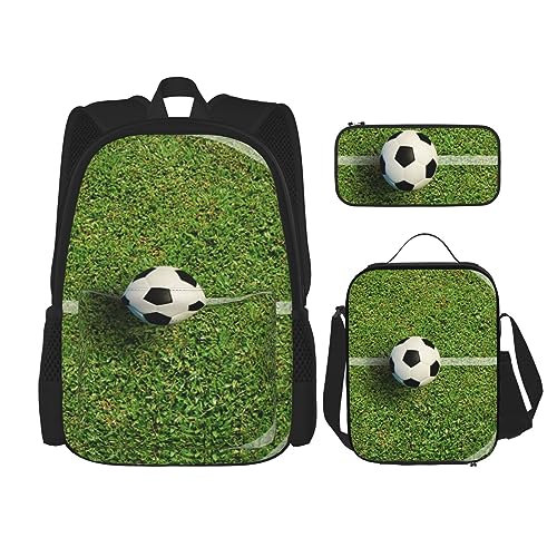 Grünes Gras-Fußball-Rucksack-Set, 3-in-1, Kinder-Schultasche für Teenager, Mädchen, Damen, Laptop-Rucksack mit Lunch-Tasche, Federmäppchen, Schwarz , Einheitsgröße von WiNwon
