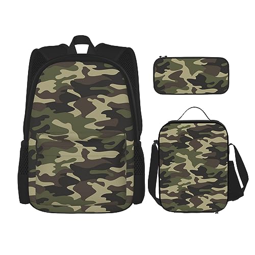 Grünes Militär-Camouflage-Rucksack-Set, 3-in-1, Kinder-Schultasche für Teenager, Mädchen, Damen, Laptop-Rucksack mit Lunch-Tasche, Federmäppchen, Schwarz , Einheitsgröße von WiNwon