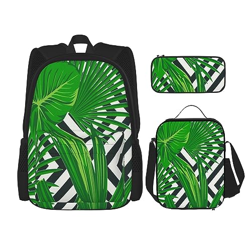 Grünes tropisches Blatt Rucksack Set 3-in-1 Kinder Schultasche für Teenager Mädchen Damen Laptop Rucksack mit Lunchtasche Federmäppchen, Schwarz , Einheitsgröße von WiNwon