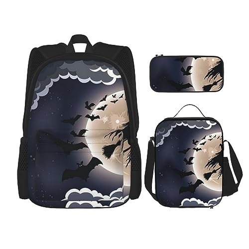 Halloween-Rucksack mit fliegender Hexe, 3-in-1, Kinder-Schultasche für Teenager, Mädchen, Damen, Laptop-Rucksack mit Lunch-Tasche, Federmäppchen, Schwarz , Einheitsgröße von WiNwon