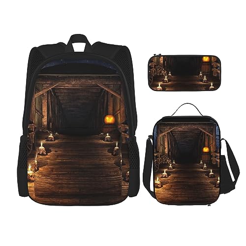 Halloween-Totenkopf-Rucksack-Set, 3-in-1, Kinder-Schultasche für Teenager, Mädchen, Damen, Laptop-Rucksack mit Lunch-Tasche, Federmäppchen, Schwarz , Einheitsgröße von WiNwon