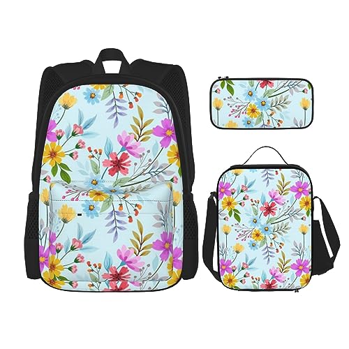 Handgezeichnetes Blumen-Rucksack-Set, 3-in-1, Kinder-Schultasche für Teenager, Mädchen, Damen, Laptop-Rucksack mit Lunch-Tasche, Federmäppchen, Schwarz , Einheitsgröße von WiNwon