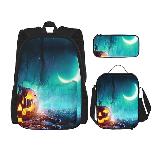 Happy Halloween Kürbis-Rucksack-Set, 3-in-1, Kinder-Schultasche für Teenager, Mädchen, Damen, Laptop-Rucksack mit Lunch-Tasche, Federmäppchen, Schwarz , Einheitsgröße von WiNwon