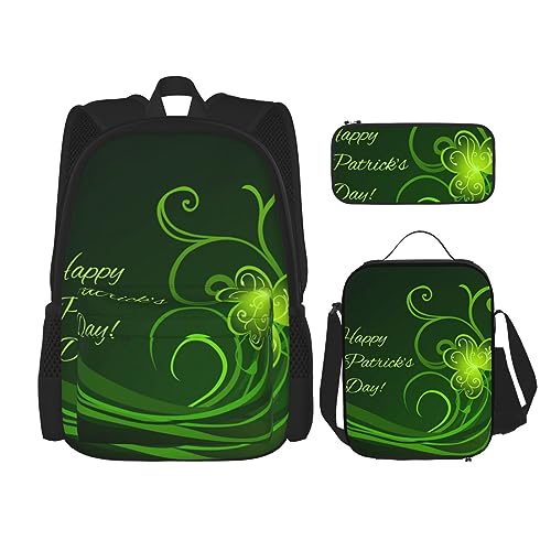 Happy St. Patrick's Day Rucksack-Set, 3-in-1, Kinder-Schultasche für Teenager, Mädchen, Damen, Laptop-Rucksack mit Lunch-Tasche, Federmäppchen, Schwarz , Einheitsgröße von WiNwon