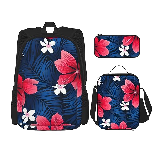 Hawaii Pink Flower Rucksack Set 3-in-1 Kinder Schultasche für Teenager Mädchen Damen Laptop Rucksack mit Lunchtasche Federmäppchen, Schwarz , Einheitsgröße von WiNwon