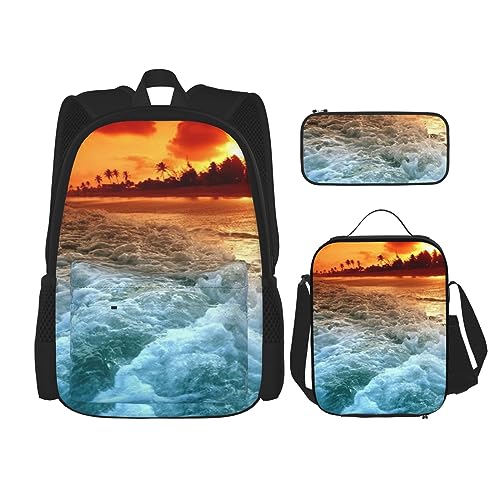 Hawaiianischer tropischer Meereslandschaft-Rucksack-Set, 3-in-1, Kinder-Schultasche für Teenager, Mädchen, Damen, Laptop-Rucksack mit Lunch-Tasche, Federmäppchen, Schwarz , Einheitsgröße von WiNwon