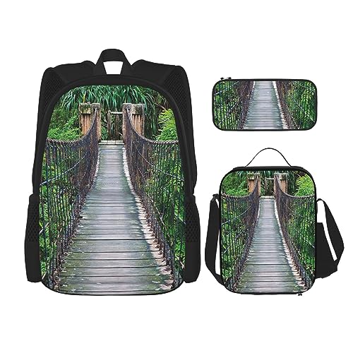 Inca Rope Bridge Rucksack-Set, 3-in-1, Kinder-Schultasche für Teenager, Mädchen, Damen, Laptop-Rucksack mit Lunch-Tasche, Federmäppchen, Schwarz , Einheitsgröße von WiNwon