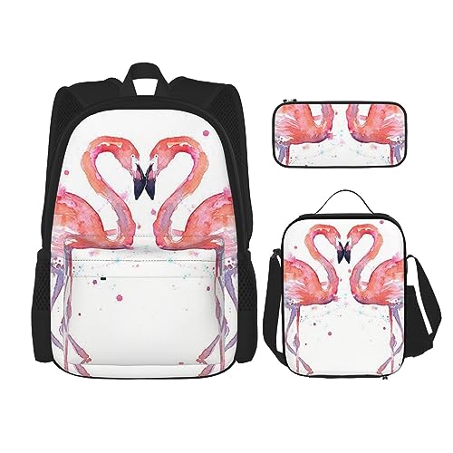 Ink Flamingos Rucksack-Set, 3-in-1, Kinder-Schultasche für Teenager, Mädchen, Damen, Laptop-Rucksack mit Lunch-Tasche, Federmäppchen, Schwarz , Einheitsgröße von WiNwon