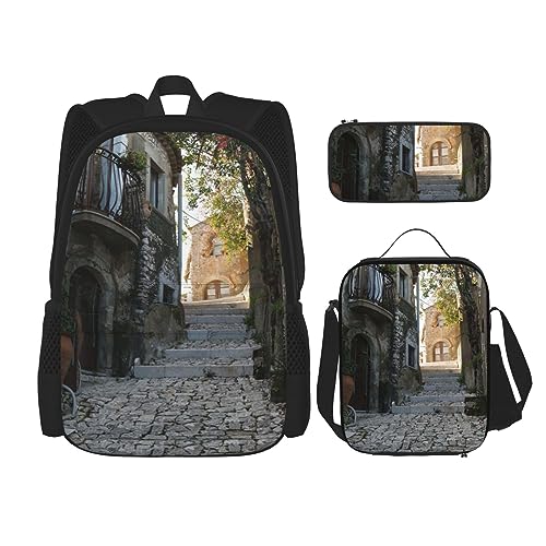 Italian Street Rucksack-Set, 3-in-1, Kinder-Schultasche für Teenager, Mädchen, Damen, Laptop-Rucksack mit Lunch-Tasche, Federmäppchen, Schwarz , Einheitsgröße von WiNwon