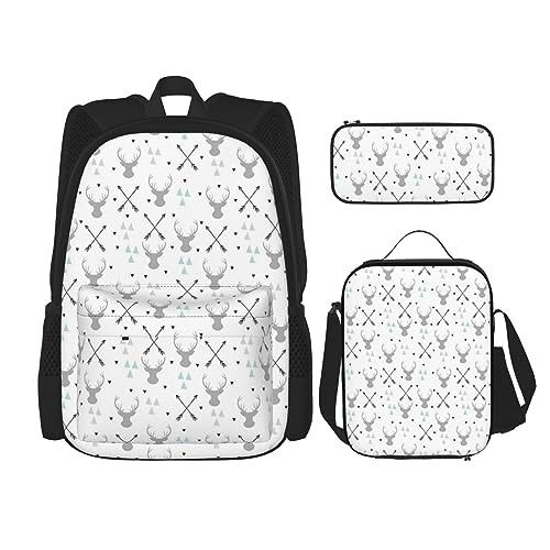 Jagdpfeile Dreiecke Hirsch Rucksack Set 3-in-1 Kinder Schultasche für Teenager Mädchen Damen Laptop Rucksack mit Lunchtasche Federmäppchen, Schwarz , Einheitsgröße von WiNwon