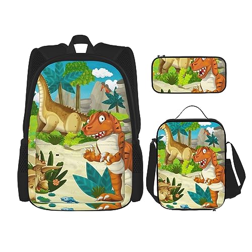 Jurassic Period Dinosaurier-Rucksack-Set, 3-in-1, Kinder-Schultasche für Teenager, Mädchen, Damen, Laptop-Rucksack mit Lunch-Tasche, Federmäppchen, Schwarz , Einheitsgröße von WiNwon