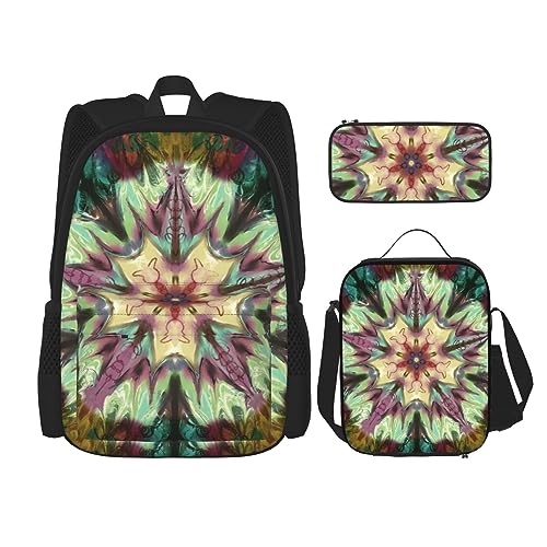 Kaleidoscope Inspiration Rucksack-Set, 3-in-1, Kinder-Schultasche für Teenager, Mädchen, Damen, Laptop-Rucksack mit Lunch-Tasche, Federmäppchen, Schwarz , Einheitsgröße von WiNwon